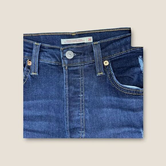 Levi's Women's 26 Ribcage Straight Ankle Denim Jeans Dark Distressed Button Fly - Picture 4 of 7